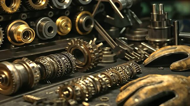 A mechanical workshop scene featuring an array of transmission parts, with grease-stained gloves and tools resting nearby.