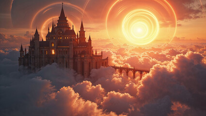 Fototapeta premium Majestic castle above clouds at sunset fantasy landscape digital art dreamlike atmosphere