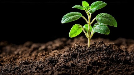 Fresh Green Seedling Growing in Dark, Rich Soil Against Black Background for Nature Themes