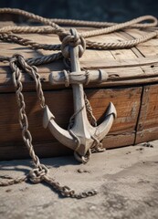 Fototapeta premium Distressed wooden boat anchor with rope and chain , rope, old