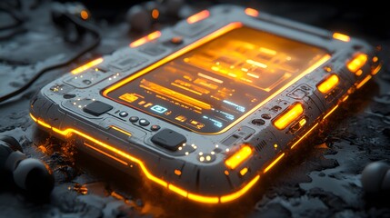 A close-up of a cell phone with a glowing screen illuminating the surroundings in a dark setting creating a futuristic feel