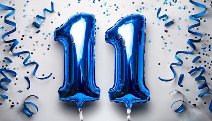 Blue balloon number 11 for eleventh birthday or anniversary party. White background with confetti