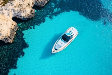 Aerial view of a boat on the blue sea in Malta.