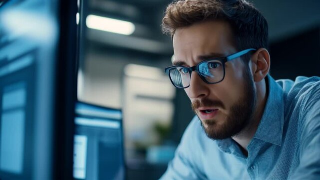 Office worker looking with concern at computer screen, reacting to unexpected news