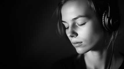 Young woman with headphones in monochrome, embodying modern simplicity and focus.
