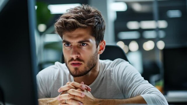 Worried businessperson staring intently at computer, gripping hands nervously