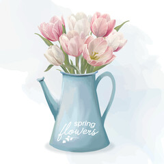 Spring flowers Pink and white tulips in watering cane Spring composition