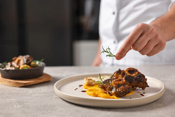 Professional chef serving dish at table indoors, closeup