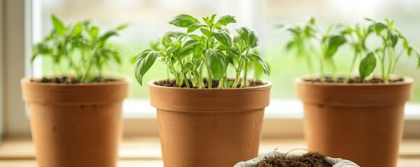 Fototapeta premium Fresh Green Seedlings Growing in Terracotta Pots Near Bright Window in Indoor Garden Setting