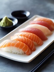 A delicate sushi platter featuring an assortment of nigiri, each piece showcasing a glistening slice of fresh fish atop perfectly shaped rice. 