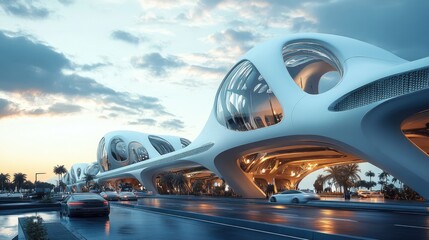 Obraz premium Showcasing futuristic architecture evening atmosphere in urban digital art and city views