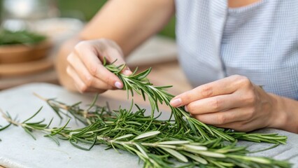 Woman Preparing Fresh Rosemary Sprigs for Culinary Use in a Rustic Kitchen Setting