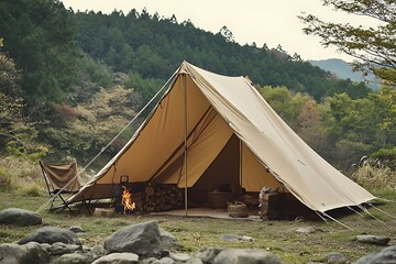 Camping in the mountains with a tent and a bonfire.