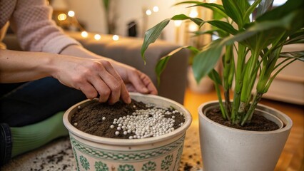 Caring for Indoor Plants: Adding Soil and Nutrients to a Flower Pot for Healthy Growth