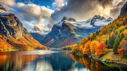 Naklejka premium Vibrant autumn colors amidst majestic fjords of Norway