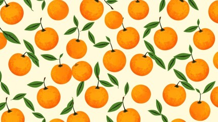 Vibrant Orange Fruit Pattern with Green Leaves on Light Background
