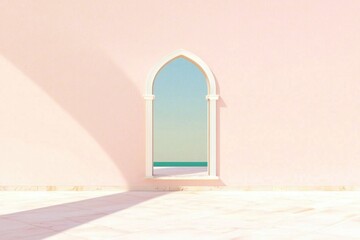 Minimalist design features an arched window opening to serene oc