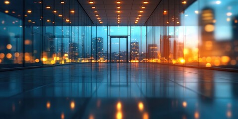 Nighttime architectural photography of modern office interiors in a downtown urban environment