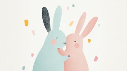 Obraz premium Two adorable rabbits embrace, surrounded by colorful confetti, r
