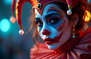 A carnival jester with intricate jewel adorned face paint
