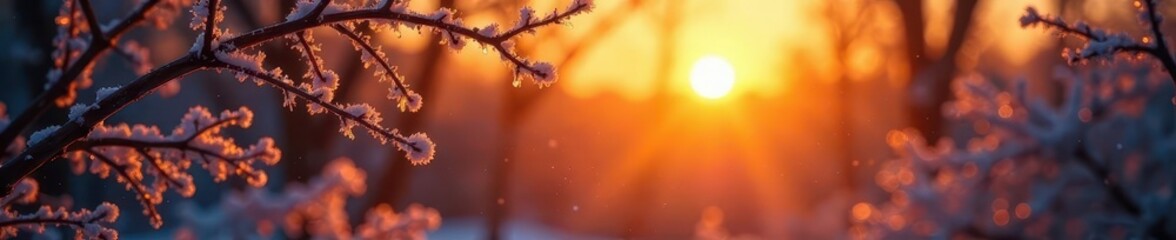 Fototapeta premium Golden sunset fire reflects on frosted branches , photography, image
