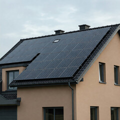 Fototapeta premium Modern house with blue solar panels on the roof. End of the day, sunset. Idyllic atmosphere