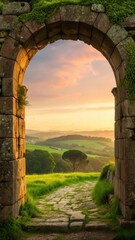 Obraz premium Scenic Ancient Stone Archway Framing Vibrant Landscape at Sunset. Generative AI