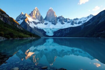 Fototapeta premium Majestic Patagonian peaks reflected in glacial lake, clouds, peaks, journey