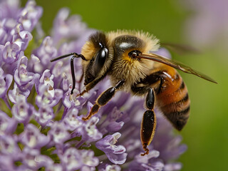 The Busy Bee: a close-up image showcasing a honey bee, meticulously collecting pollen from delicate purple flowers, highlighting the intricate details of nature's tiny worker.
