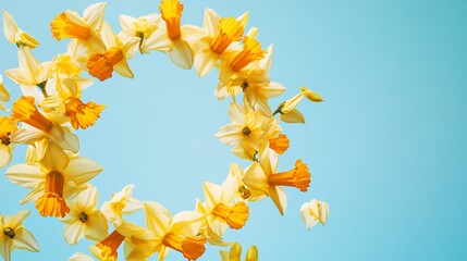 Obraz premium An explosion of daffodil petals forming a scattered, imperfect circular frame, giving the impression of a springtime breeze, isolated on a bright sky-blue background