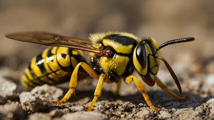 Wasp Close-up: A detailed close-up of a striking wasp with its characteristic black and yellow stripes, showcasing intricate details of its body.
