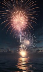 New Year's Eve fireworks exploding in the ocean,  celebration,  explosion,  beach party