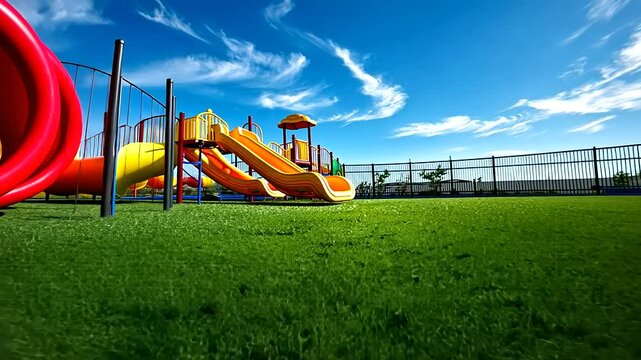 A well-maintained playground bursts with color, featuring bold red tunnels and vibrant yellow slides. Soft artificial grass creates a safe, inviting environment for kids.