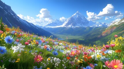 Fototapeta premium alpine meadow with wildflowers blue and yellow flowers in spring