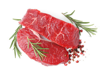 Pieces of raw beef meat and spices isolated on white, top view