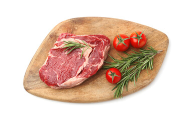 Piece of raw beef meat, rosemary and tomatoes isolated on white, top view