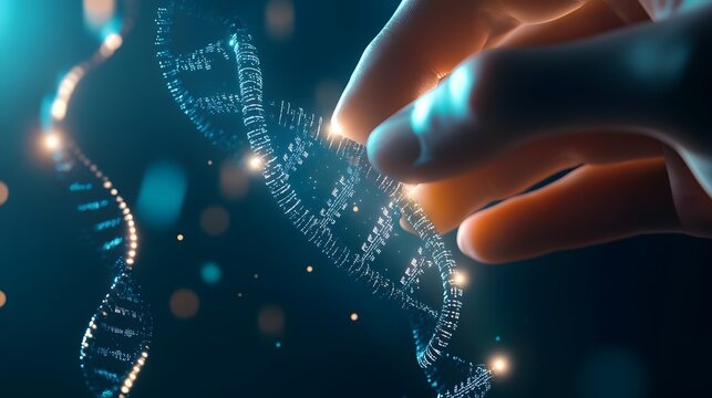 Cinematic 3D Rendering of Hand Interacting with Holographic DNA Strand for Genetic Modification