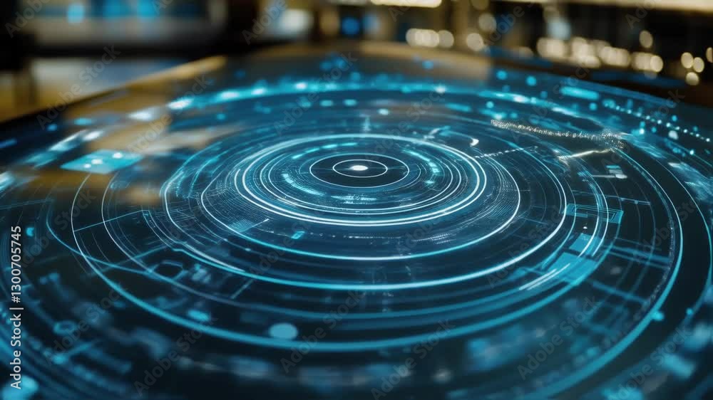 Poster complex holographic interface displaying rotating concentric circles with changing data streams, sug