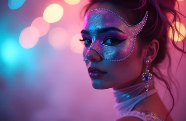 A dreamy masked ball dancer glowing pastel face paint