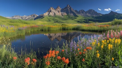 Spring garden scene with yellow and blue flowers popping among the greenery
