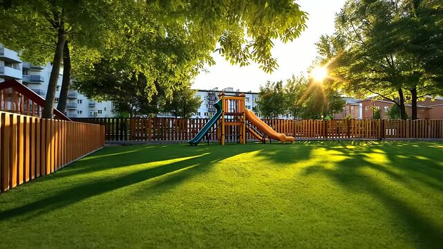 Brilliantly colored playground shines in golden sunlight, its artificial grass soft underfoot. A surrounding wooden fence and leafy trees complete the inviting scene.