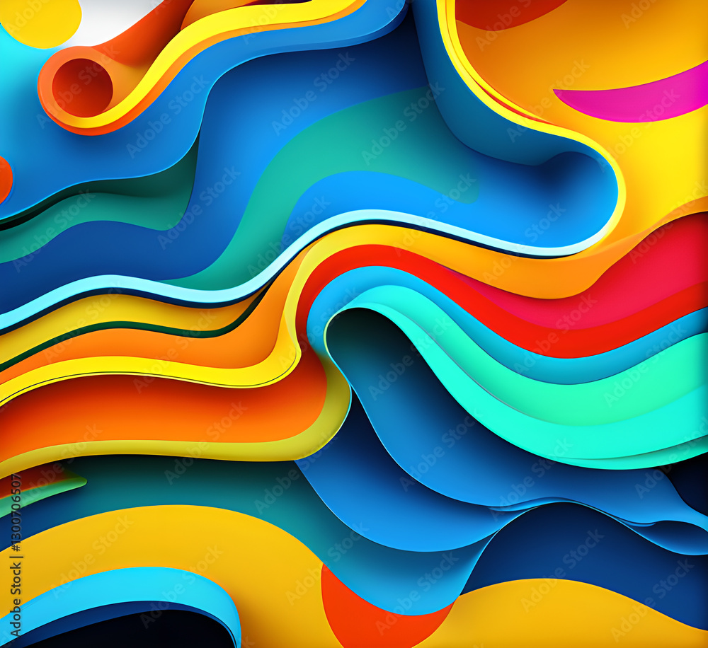 Fototapete This colorful illustration features vibrant abstract layers that flow and swirl gracefully across a serene blue background, creating a dynamic and engaging visual element.generative ai