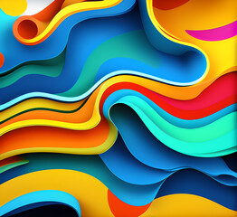 This colorful illustration features vibrant abstract layers that flow and swirl gracefully across a serene blue background, creating a dynamic and engaging visual element.generative ai