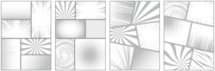 Comic book frame. Monochrome manga template. Pop art cartoon page with grid and boxes on white backdrop. Anime cover with explosion speed lines and halftone effect for storyboard.