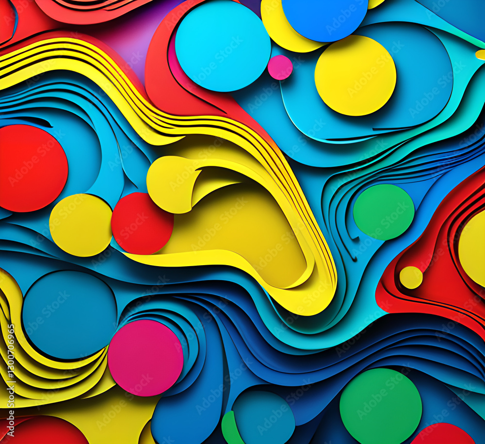 Fototapete This colorful illustration features vibrant abstract layers that flow and swirl gracefully across a serene blue background, creating a dynamic and engaging visual element.generative ai