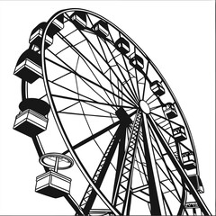 Black and White Illustration of a Giant Ferris Wheel – Iconic Amusement Park Attraction