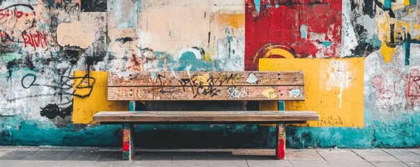 Colorful graffiti-covered wooden bench set against vibrant urban street art reflecting city culture and creative expression