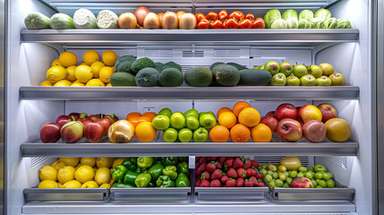 There are chilled fruits and vegetables on the shelf in the grocery store. The concept of healthy eating. Vegetarianism. A diverse selection of fresh fruits and vegetables on the grocery store counter