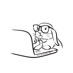 Hand drawn smart bunny at work wear glasses, adorable office bunny vector. Bunny with glasses working on laptop