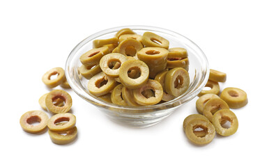 Marinated green olive rings in bowl isolated on white